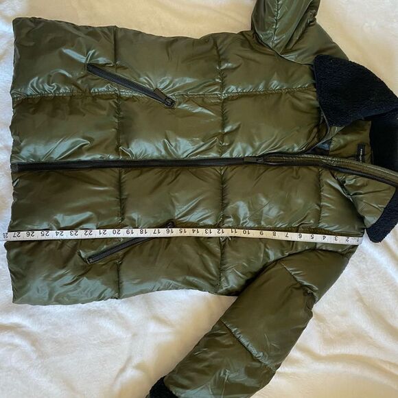 French Connection Puffer Jacket Coat Women's sz Medium Green/Black Faux Fur - Picture 14 of 16